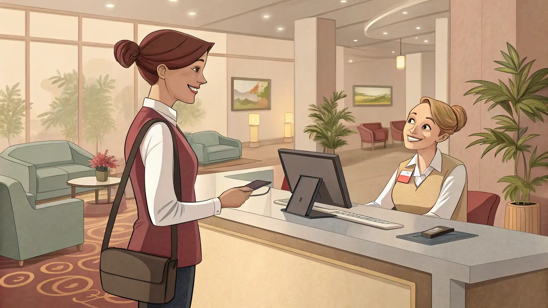 호텔 프런트 데스크 직원에게 영어로 방 청소를 요청하는 투숙객 모습