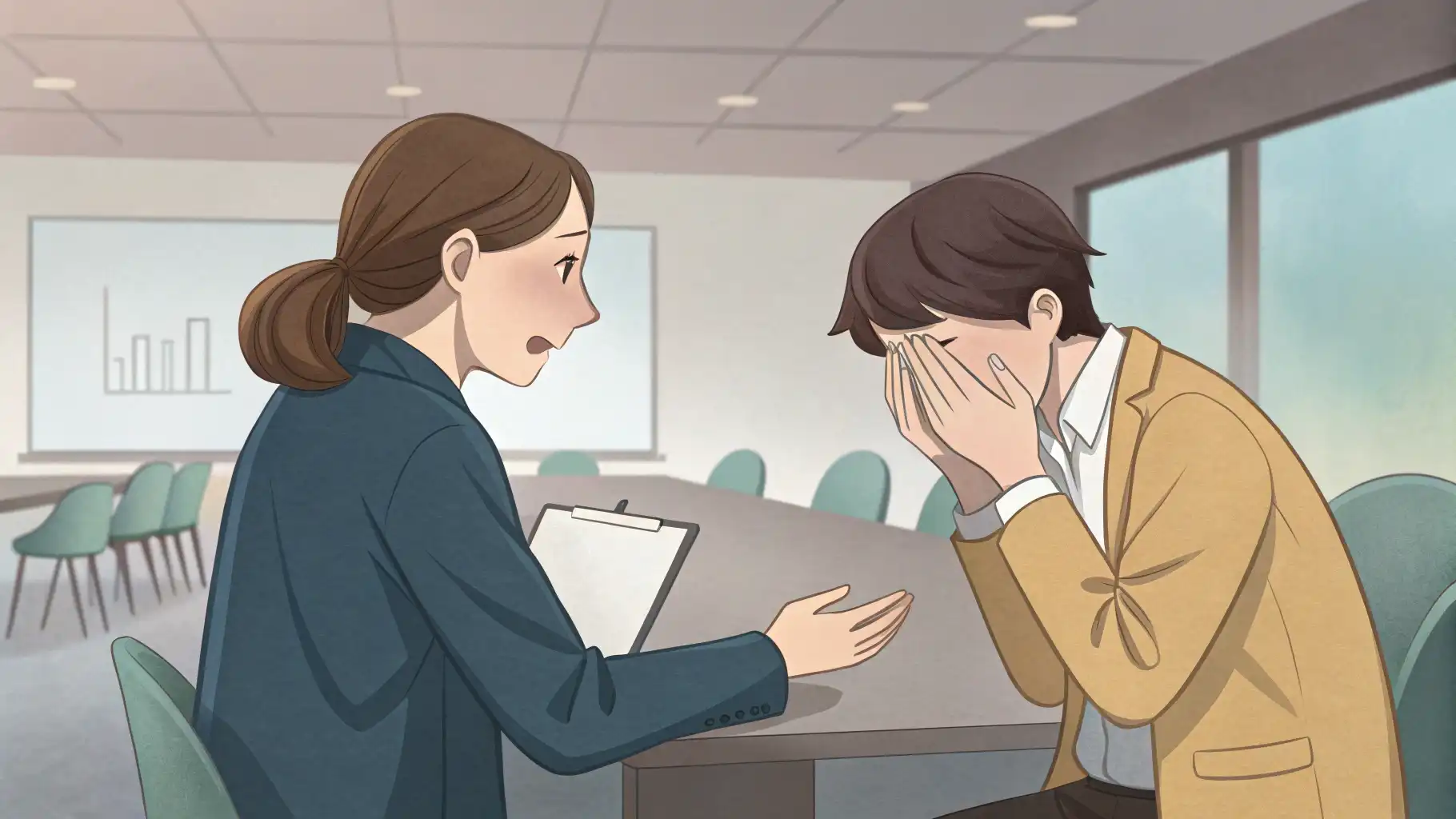 중요한 발표 후, 웃음을 터뜨려 당황한 친구와 그를 진정시키며 대화하는 친구의 모습, '웃음 멈춰' 영어 표현 사용 상황 예시