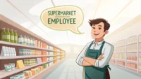 슈퍼마켓 직원이 'How can I help you?' 영어 문구가 적힌 말풍선과 함께 미소 짓는 모습, 슈퍼마켓 영어 회화 배우기 컨셉 일러스트.