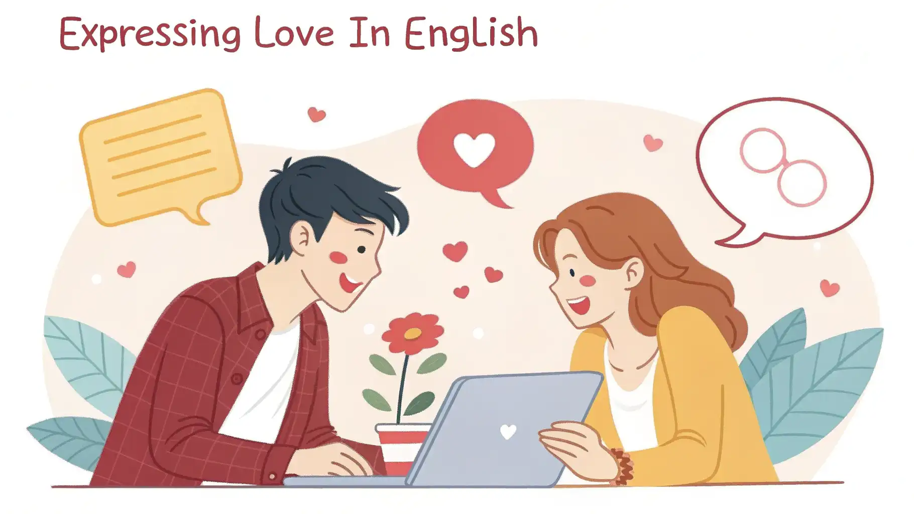 영어 사랑 표현 썸네일. 사랑에 빠진 애니메이션 커플, 하트와 영어 문구 말풍선, 밝고 따뜻한 색감.