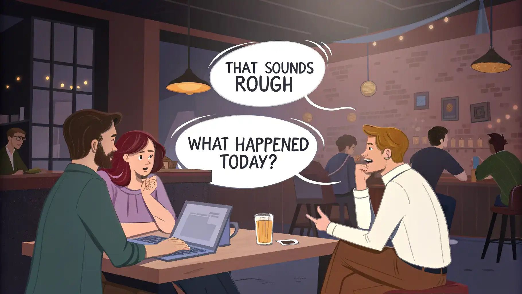A coworker venting about a tough day over drinks at a noisy bar.   관련 영어 대화 장면