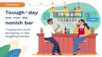 A coworker venting about a tough day over drinks at a noisy bar. 영어 학습 이미지