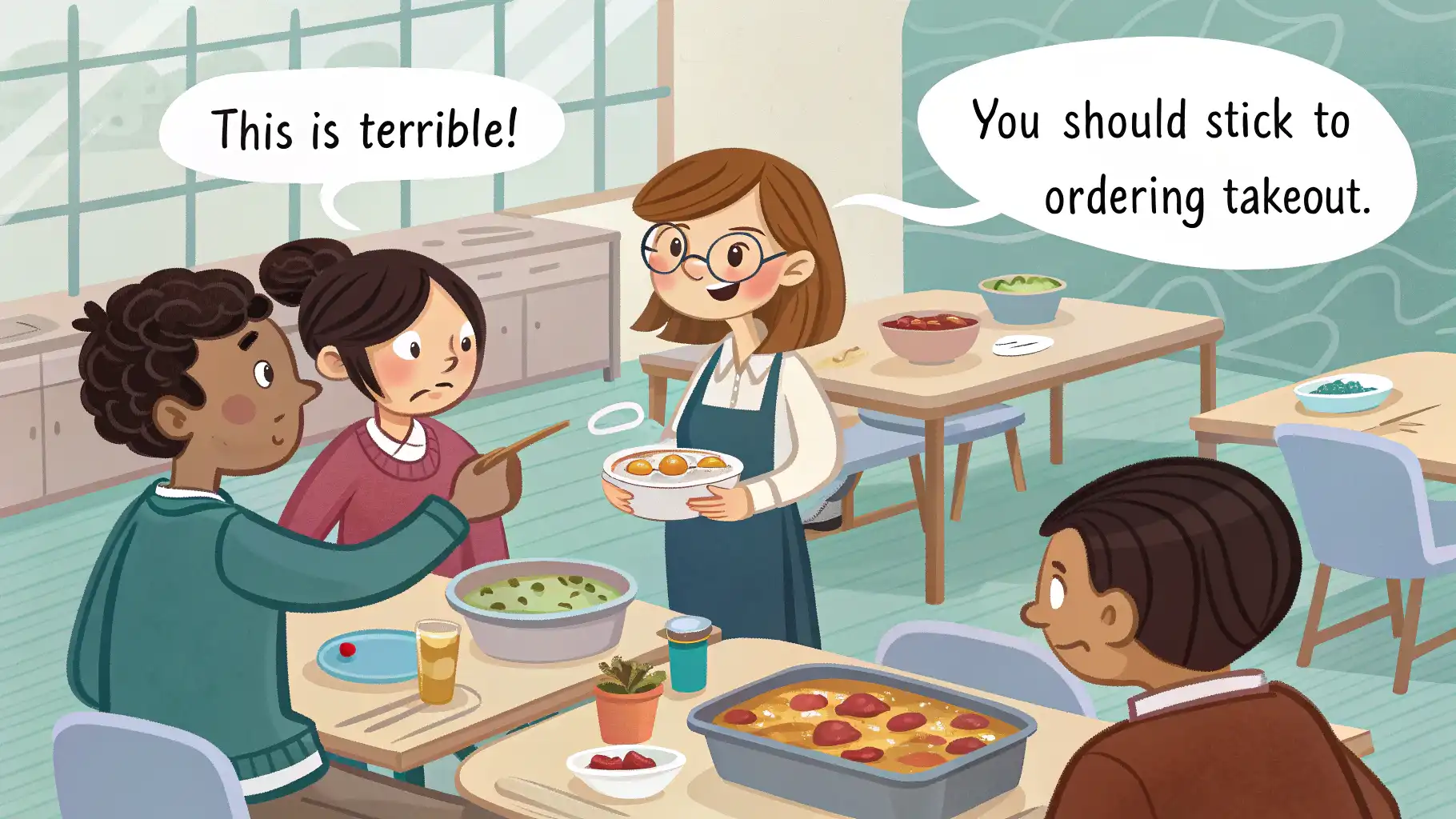 A friend teasing another about their terrible cooking at a potluck dinner.   관련 영어 대화 장면