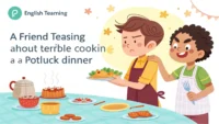 A friend teasing another about their terrible cooking at a potluck dinner. 영어 학습 이미지