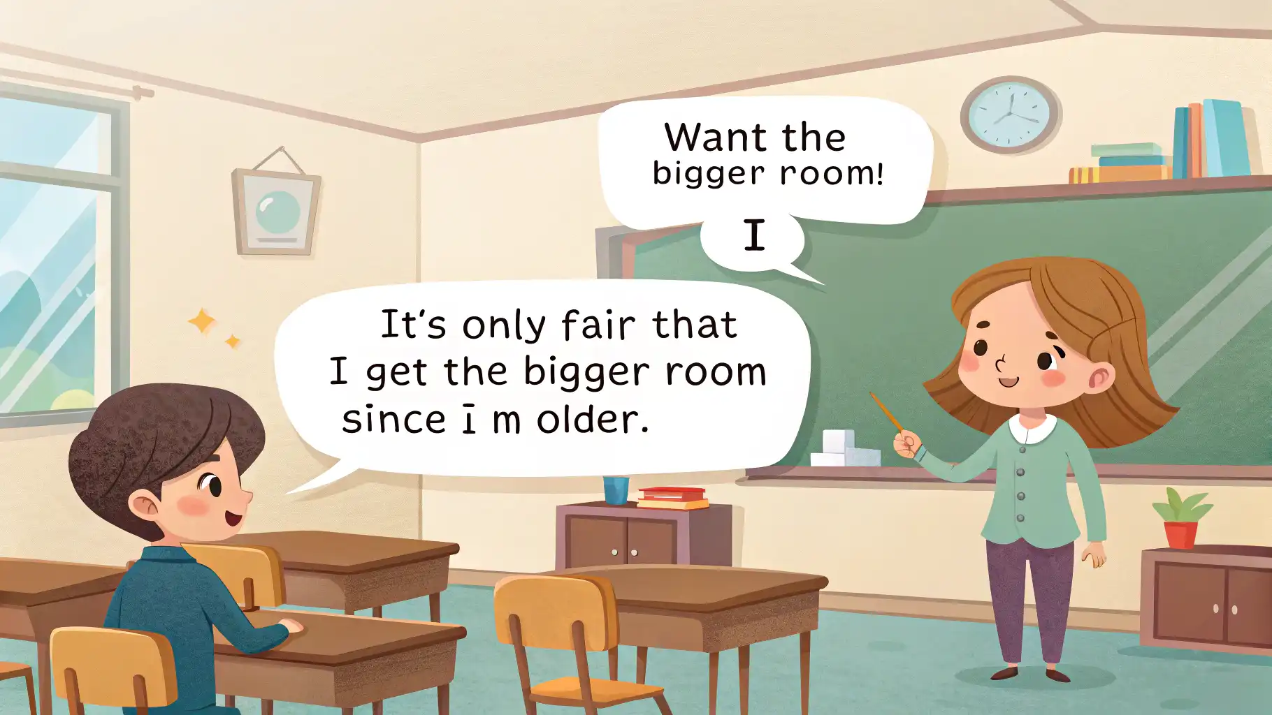 A sibling negotiating who gets the bigger bedroom in a new house.   관련 영어 대화 장면