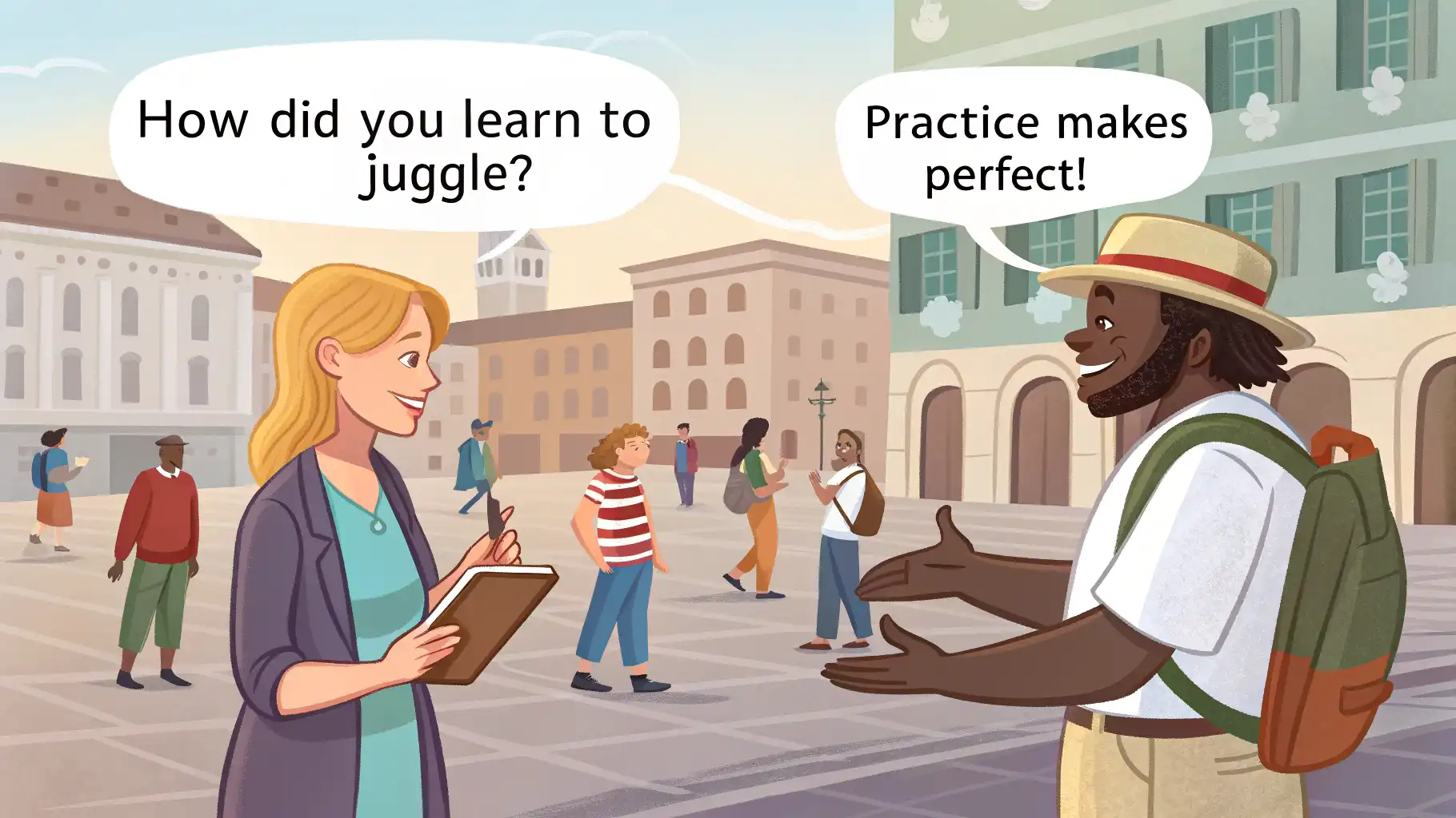 A tourist asking a street performer how they learned their craft in a busy square.   관련 영어 대화 장면