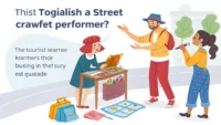 A tourist asking a street performer how they learned their craft in a busy square. 영어 학습 이미지