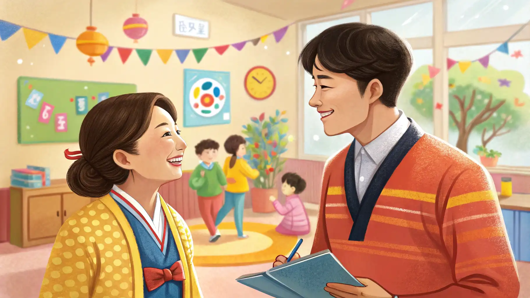 초등학교 방과후 교실에서 학부모가 선생님과 아이의 학습 내용에 대해 영어로 대화하는 모습