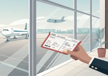 공항 게이트 창밖으로 비행기가 보이고, 손에 탑승권을 들고 있는 모습. 영어 표현 학습을 암시하는 아이콘.