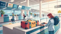 공항 체크인 카운터에서 승객이 수하물 무게를 재는 모습 일러스트, 공항 영어 표현 학습용.