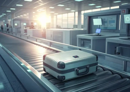 공항 보안 검색대 위 캐리어 가방과 기내 반입 규정 관련 영어 질문을 상징하는 물음표 말풍선 아이콘 일러스트