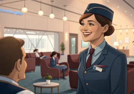 미소 짓는 공항 라운지 직원이 데스크에서 고객을 맞이하고 있으며, 영어 대화를 상징하는 아이콘이 있는 일러스트레이션