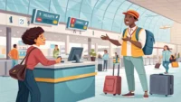 공항 셔틀 안내 데스크에서 예약 확인 영어 표현을 사용하며 직원과 대화하는 여행객 일러스트