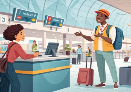 공항 셔틀 안내 데스크에서 예약 확인 영어 표현을 사용하며 직원과 대화하는 여행객 일러스트