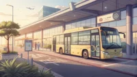 공항 셔틀 버스와 빈 말풍선 아이콘 일러스트, 공항 영어 표현 학습 상징