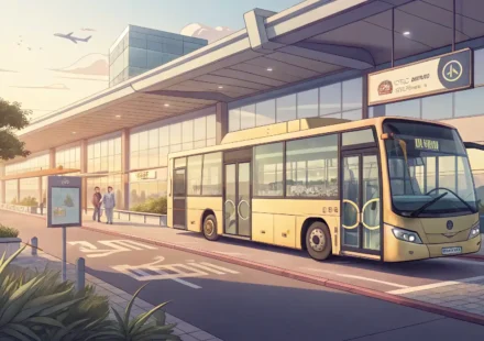 공항 셔틀 버스와 빈 말풍선 아이콘 일러스트, 공항 영어 표현 학습 상징