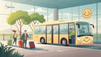 공항 셔틀 버스 옆에서 승객들이 짐을 싣고 내리는 모습과 관련된 영어 표현 학습을 나타내는 이미지.