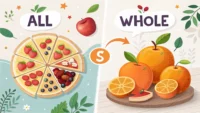 영어 단어 All과 Whole의 차이를 설명하는 이미지: 여러 개의 개별 항목(All)과 하나의 전체 덩어리(Whole)를 시각적으로 비교함.
