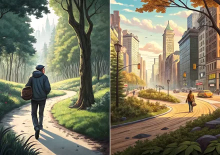 영어 표현 'Along'과 'Alongside'의 차이를 보여주는 그림: 강 길을 따라 걷는 사람과 길 옆에 나란히 걷는 두 사람.