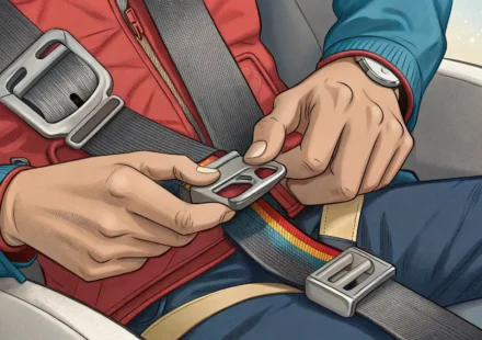 롤러코스터 안전벨트 버클을 확인하는 손과 확인 완료를 나타내는 체크 표시 아이콘이 있는 놀이공원 안전 점검 일러스트