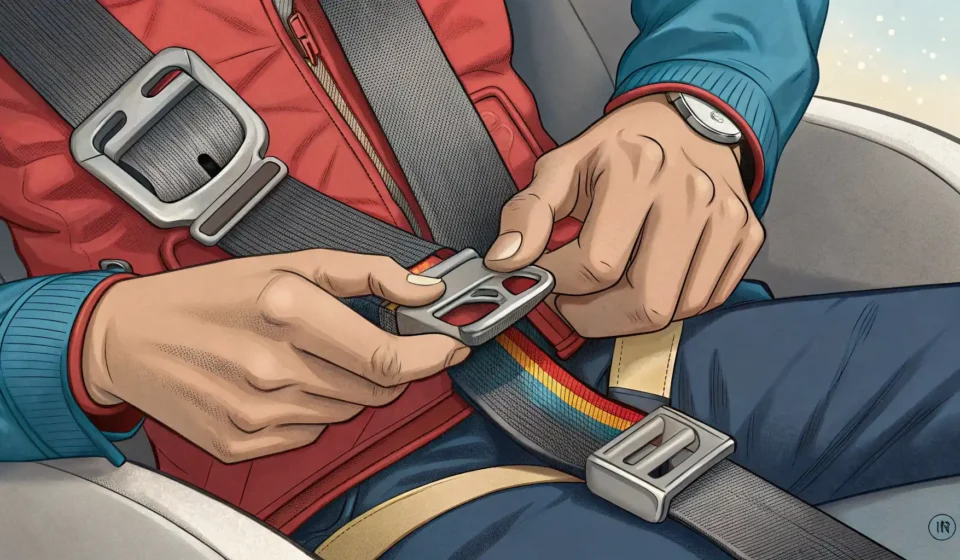 롤러코스터 안전벨트 버클을 확인하는 손과 확인 완료를 나타내는 체크 표시 아이콘이 있는 놀이공원 안전 점검 일러스트