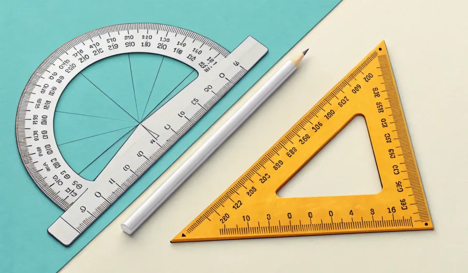 수학 각도기와 카메라 앵글을 함께 보여주며 영어 단어 'Angle'의 다양한 의미를 시각적으로 표현하는 이미지