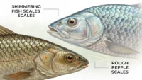 물고기 비늘과 파충류 비늘의 질감을 나란히 보여주며 '비늘' 관련 영어 표현 학습을 상징하는 이미지.