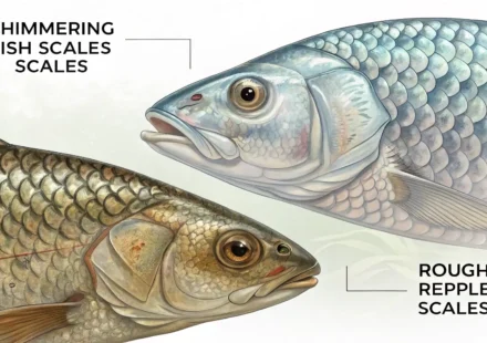 물고기 비늘과 파충류 비늘의 질감을 나란히 보여주며 '비늘' 관련 영어 표현 학습을 상징하는 이미지.