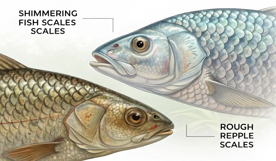 물고기 비늘과 파충류 비늘의 질감을 나란히 보여주며 '비늘' 관련 영어 표현 학습을 상징하는 이미지.
