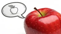 영어 단어 'apple' 학습을 나타내는 빨간 사과와 말풍선 아이콘.