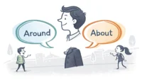 영단어 Around와 About의 차이점을 시각적으로 보여주는 이미지. 'Around?'와 'About?' 말풍선과 함께 대략적인 시간(시계 아이콘)과 주변 위치(지도 핀 아이콘)...