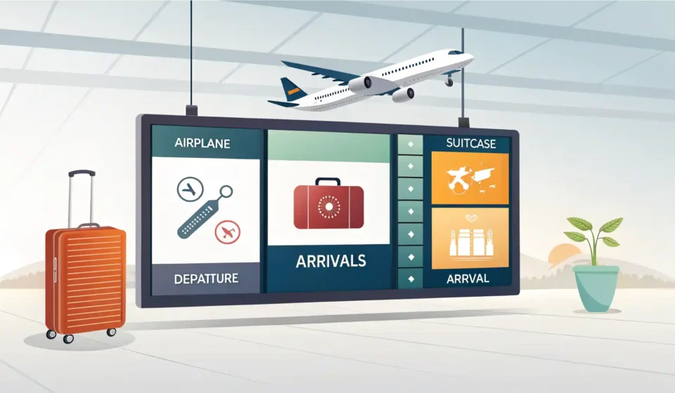 공항 도착 정보 아이콘과 영어 학습을 상징하는 아이콘으로 구성된 이미지, 도착 관련 영어 표현 학습 콘텐츠 썸네일