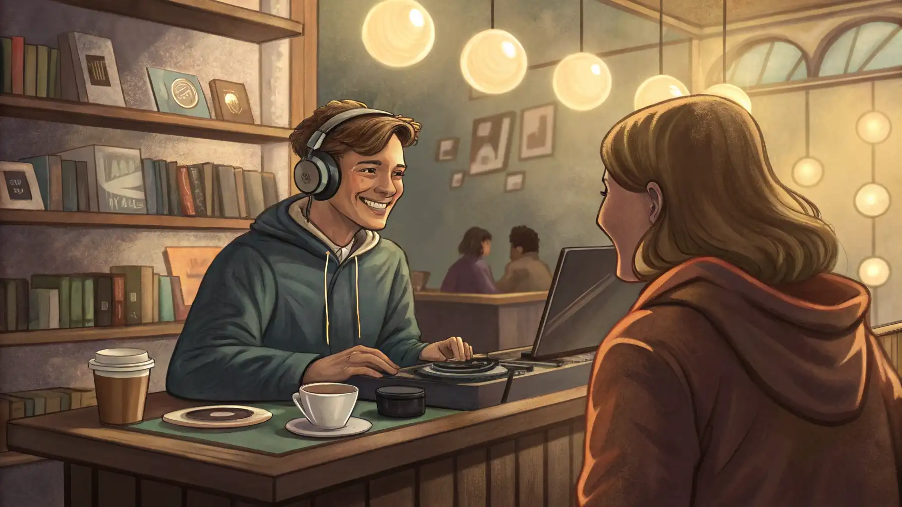 카페 DJ에게 영어로 정중하게 노래를 요청하는 상황을 보여주는 일러스트.