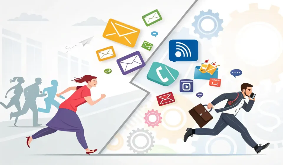 여러 아이콘이 한 점으로 모이는 모습과 두 시계가 같은 시간을 가리키는 모습으로 'at once'와 'simultaneously'의 차이 및 동시 행동 영어 표현 학습을 시각화한...