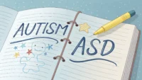 자폐증 관련 영어 표현 학습: 노트북 페이지에 'Autism', 'ASD' 영어 단어와 학습 관련 아이콘이 그려진 섬네일 이미지