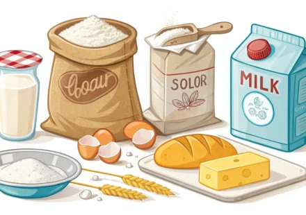 베이킹 재료들과 영어 학습을 상징하는 일러스트 이미지