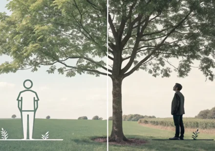 영어 위치 표현 'Behind'와 'At the back of'의 의미 차이를 시각적으로 나타내는 그림 (소파 바로 뒤와 건물 뒤편 구역 비교)