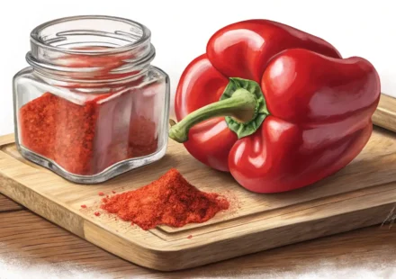 신선한 빨간 파프리카(벨 페퍼)와 파프리카 가루 향신료가 나란히 놓여 있고, 영어 단어의 차이에 대한 궁금증을 나타내는 빈 말풍선이 있는 이미지.