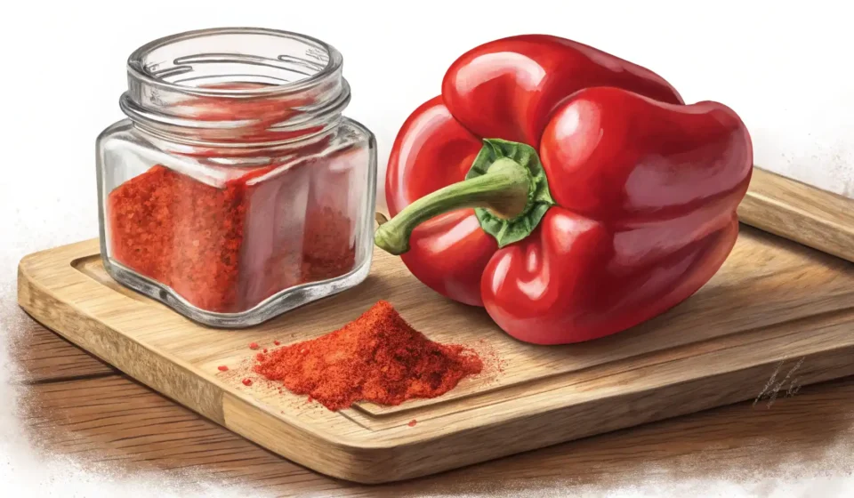 신선한 빨간 파프리카(벨 페퍼)와 파프리카 가루 향신료가 나란히 놓여 있고, 영어 단어의 차이에 대한 궁금증을 나타내는 빈 말풍선이 있는 이미지.