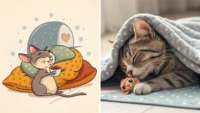 테이블 바로 아래 고양이와 수면 아래 잠수함 그림으로 영어 전치사 Below와 Under의 차이를 시각적으로 표현한 이미지