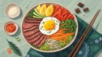 비빔밥 사진과 영어 학습을 나타내는 말풍선 아이콘이 있는 섬네일 이미지
