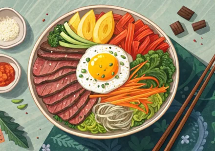 비빔밥 사진과 영어 학습을 나타내는 말풍선 아이콘이 있는 섬네일 이미지