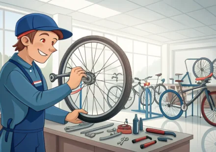자전거 정비사가 자전거를 수리하는 모습과 영어 학습 및 소통을 상징하는 빈 말풍선 아이콘이 함께 있는 일러스트 이미지.