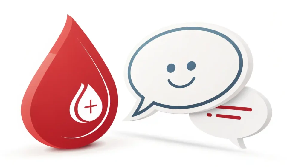 피(Blood) 관련 영어 표현 학습을 상징하는 핏방울과 영어 학습 아이콘 이미지.