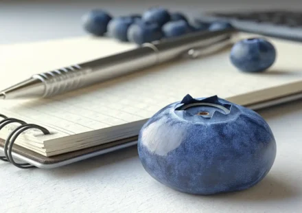 신선한 블루베리 한 알과 영어 공부를 상징하는 노트, 연필이 함께 놓여있는 이미지