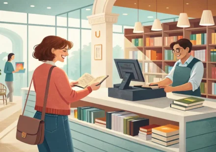 서점 안내 데스크에서 직원이 고객에게 예약한 책을 건네주며, 고객 머리 위에는 성공적인 의사소통을 상징하는 체크 표시 말풍선 아이콘이 있는 이미지.