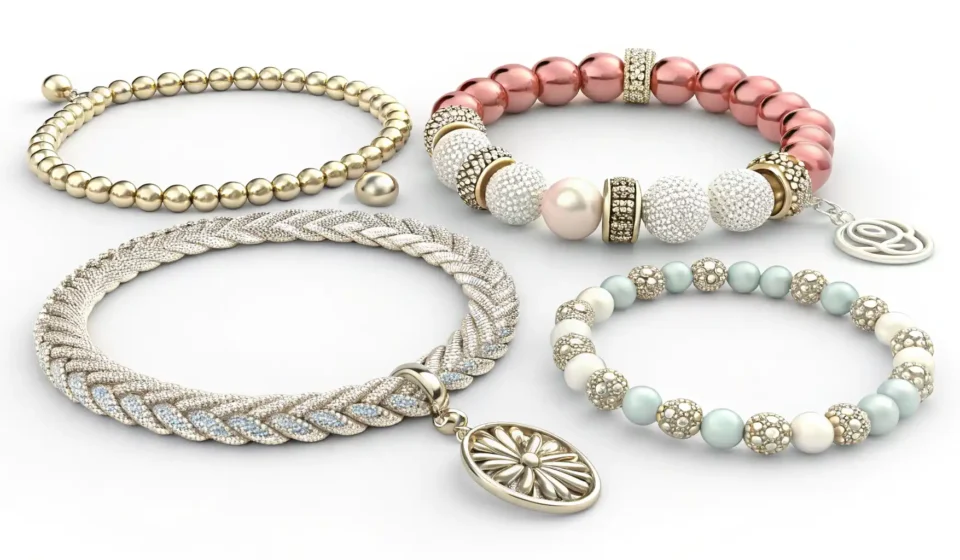 다양한 팔찌와 영어 단어 공부를 연상시키는 노트와 펜 이미지