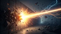 추상적인 장벽을 뚫고 나아가는 밝은 빛줄기 이미지, 영어 표현 'break through'와 학습의 어려움 극복을 상징함.