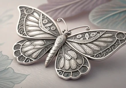 옷에 달린 아름다운 브로치와 영어 학습을 상징하는 배경 이미지