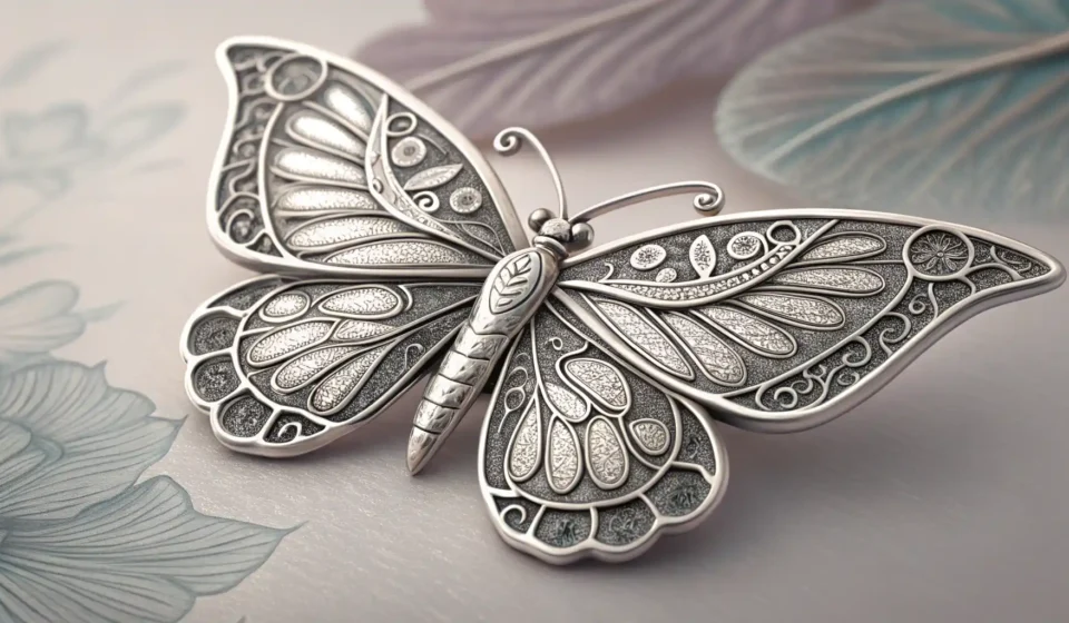 옷에 달린 아름다운 브로치와 영어 학습을 상징하는 배경 이미지